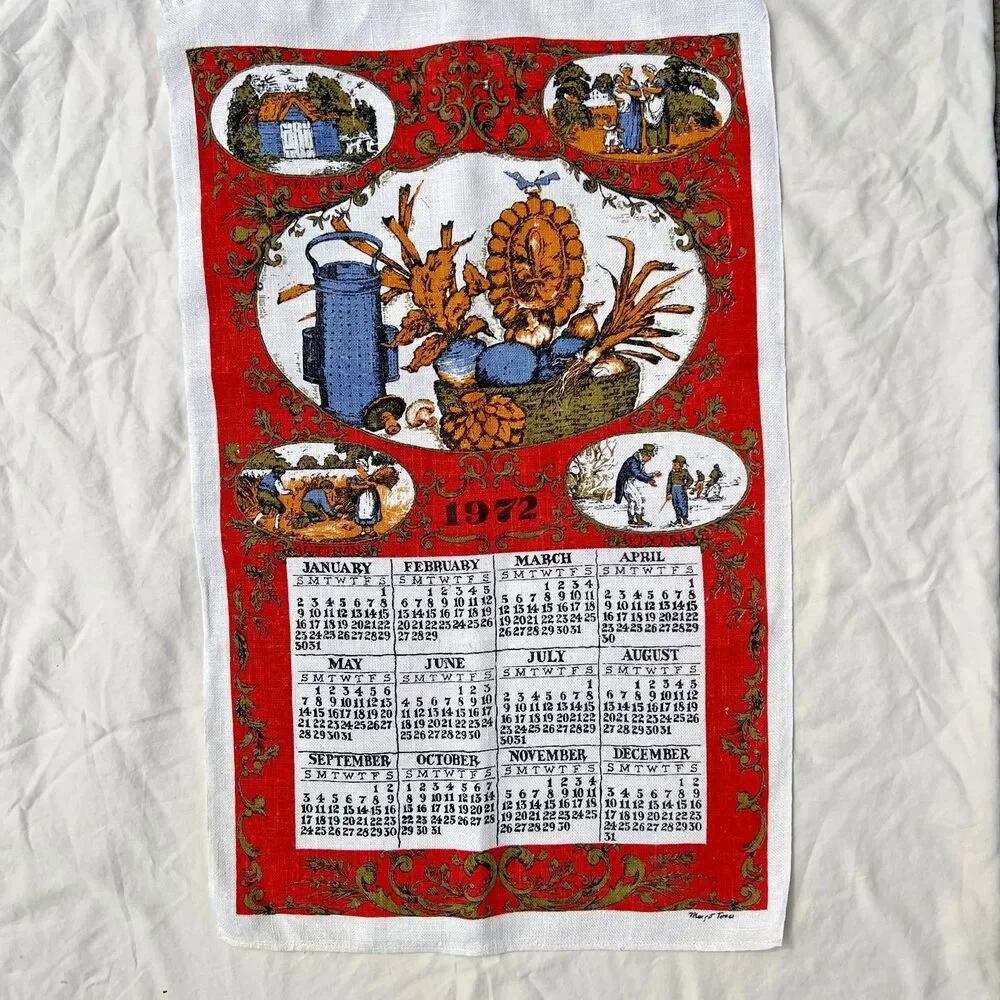 VTG 1972 Linen Calendar Kitchen Tea Towel 4 Seasons red blue Margot Tomes